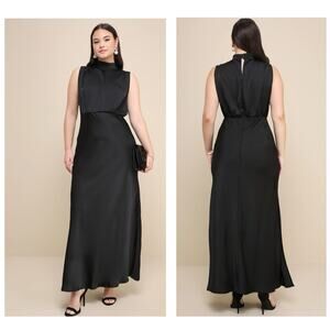 Lulus Classic Elegance Black Satin Sleeveless Mock Neck Maxi Dress Size Medium